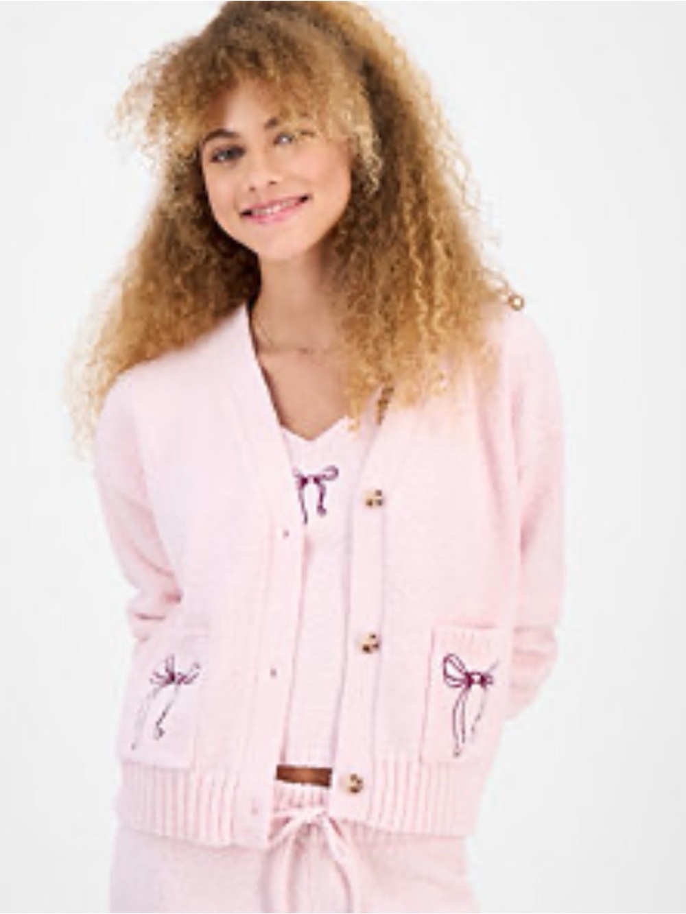 Hippie Rose Light Pink Bow-Embroidered Cardigan